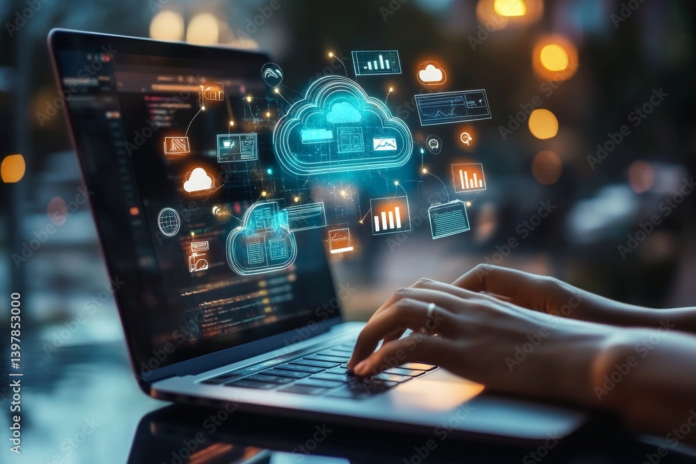 Poster person utilizing cloud storage on laptop with floating ai icons and search bar web design concept