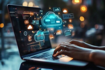 Person utilizing cloud storage on laptop with floating ai icons and search bar   web design concept