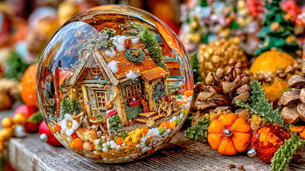 Autumn-themed snow globe with cozy cottage and decorations  
