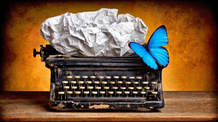 Vintage typewriter with crumpled paper and blue butterfly  