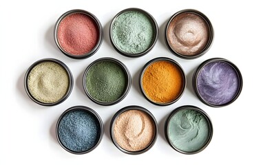 Naklejka premium Earthy Pigment Powders in Small Black Containers, Arranged in a Circle on White Background