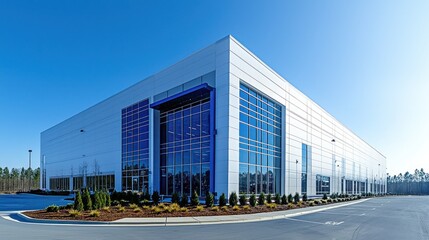 Obraz premium Modern white industrial building with blue accents, ample windows, and landscaped grounds