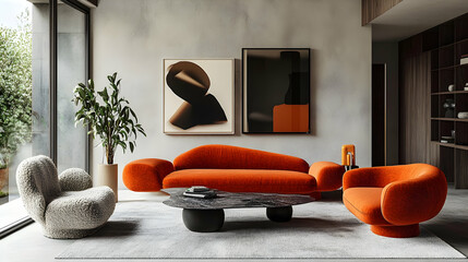 Bold orange sofa and boucle armchairs creating a stylish contrast in a neutral-toned room