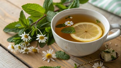 Tea in cup with mint leaf lemon chamomile