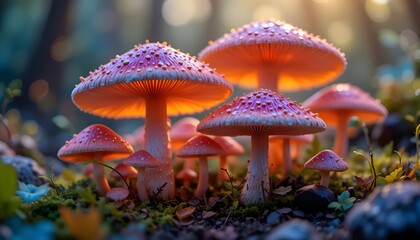 Group of Toadstool Mushrooms Growing in Forest with Glowing Light