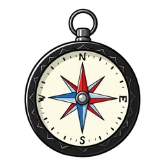 Illustration of a compass with a red and blue star on a white face and a dark metal frame around it