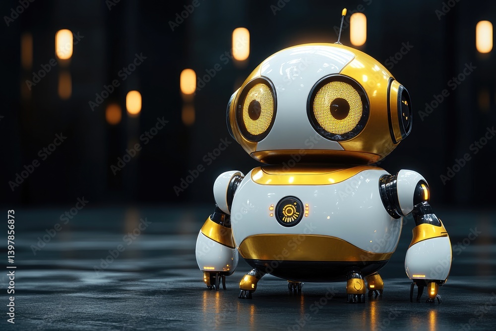 Poster a cute white and golden robot with big eyes stands in a dark space with bokeh lights in the backgrou