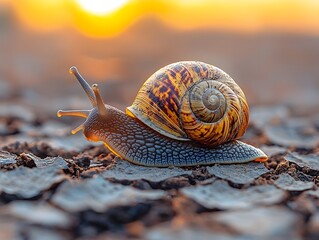 A vibrant snail shell glistens in the golden sunlight on dry cracked soil