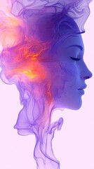 Woman's profile blending with smoke and light, soft colors, ethereal effect