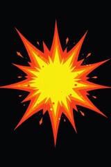 Retro comic book style explosion; fiery orange and yellow burst against black background, black, style, chaos