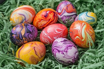 A vibrant nest of swirling, hand-painted Easter eggs, each a unique masterpiece of color and artistry nestled in soft green grass.