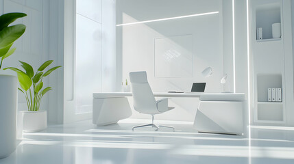 Bright all-white office with a sleek desk, chair, potted plant, and a tablet