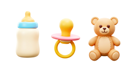 Isolated baby bottle, pacifier, and teddy bear arranged in a row on a black background