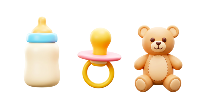 Isolated baby bottle, pacifier, and teddy bear arranged in a row on a black background