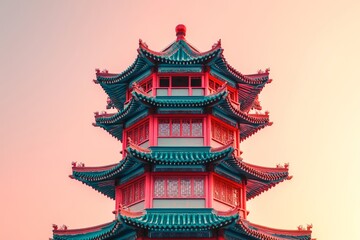 Fototapeta premium Minimalist chinese architectural tower with a red gradient, sky blue and pink accents