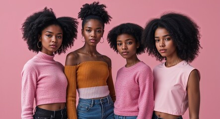black African teens group on pink plain bright background modern chic fashion pose  model portrait  portrait banner with copy space ad concept marketing