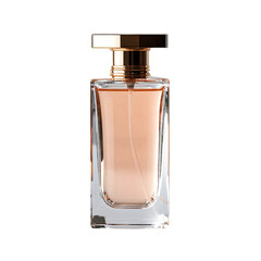 a sleek rectangular perfume bottle with a bronze cap and peach-toned liquid stands against a plain white background.