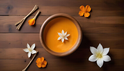Fototapeta premium A wooden bowl of orange soup is centered with white blossoms and other flowers.