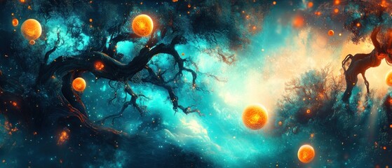 Glowing orbs floating within a cosmic night sky and a tree