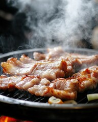 Sizzling Korean BBQ Samgyeopsal with pork belly grilling on a hot plate, smoke rising, closeup juicy texture
