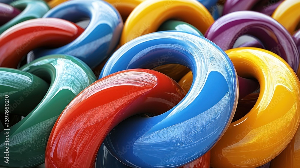 Poster abstract colorful interlocking rings: a vibrant composition of glossy, interconnected rings in vario
