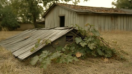 Weathered wooden shed roof over a rustic outdoor structure.