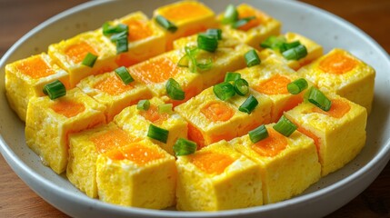 Cubed egg dish on plate, wooden table background
