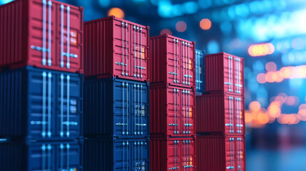A vibrant arrangement of red and blue shipping containers stacked in an industrial setting, illuminated by soft bokeh lights in the background.