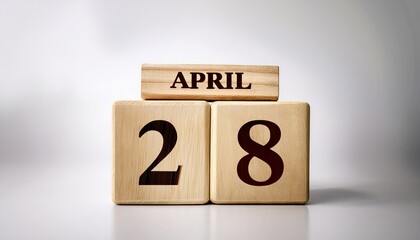 Minimalist photo of wooden blocks with date 28 April. Day and month, calendar on white background