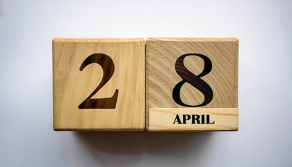 Minimalist photo of wooden blocks with date 28 April. Day and month, calendar on white background