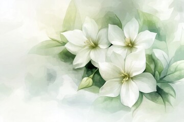 A serene composition of jasmine flowers painted with soft, flowing watercolors, the petals blending into the background in soft hues of white and green.