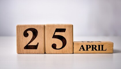 Minimalist photo of wooden blocks with date 25 April. Day and month, calendar on white background