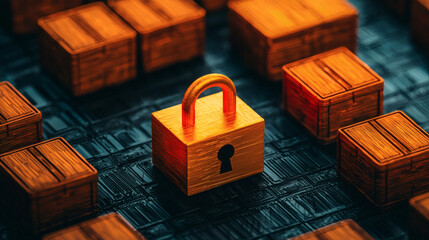 A vibrant illustration of a golden padlock amidst wooden boxes, symbolizing security and protection in a digital or physical space.