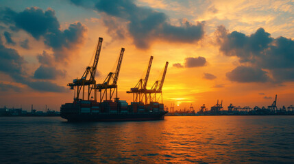 Obraz premium A silhouette of shipping cranes against a vibrant sunset, reflecting on the water, creating a dramatic industrial landscape.
