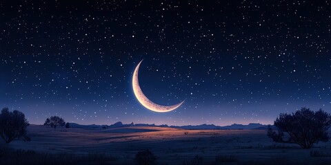 Naklejka premium Nocturnal serenity: a crescent moon hangs above a starlit sky, overlooking a tranquil field and distant mountains