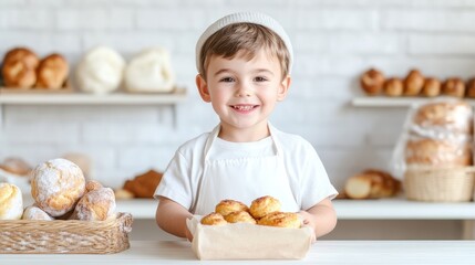 A young baker holding a tray of freshly baked pastries in a cozy bakery, white brick wall background, smiling child in apron, and artisan bread concept.