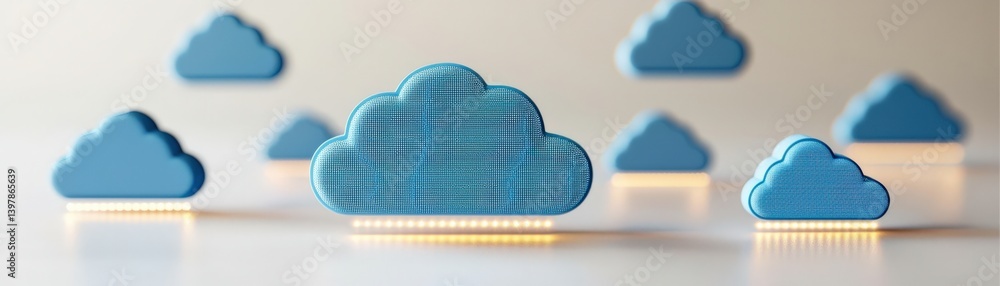 Poster a collection of stylized blue cloud shapes, some illuminated, representing digital cloud technology 