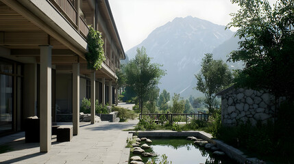 Pixelated Abandoned Exterior Village Building With Mountain View