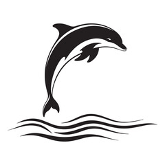 Elegant black dolphin silhouette jumping over waves, perfect for ocean and animal designs.