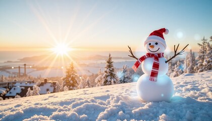 Obraz premium cute snowman in santa hat and red scarf on snowy hill with sunrise over winter forest and village in background