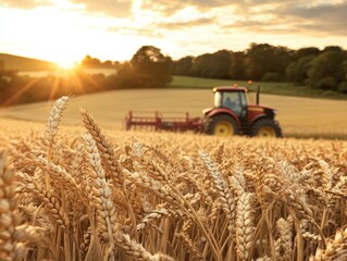 Fototapeta premium Golden Wheat Field at Sunset with Tractor