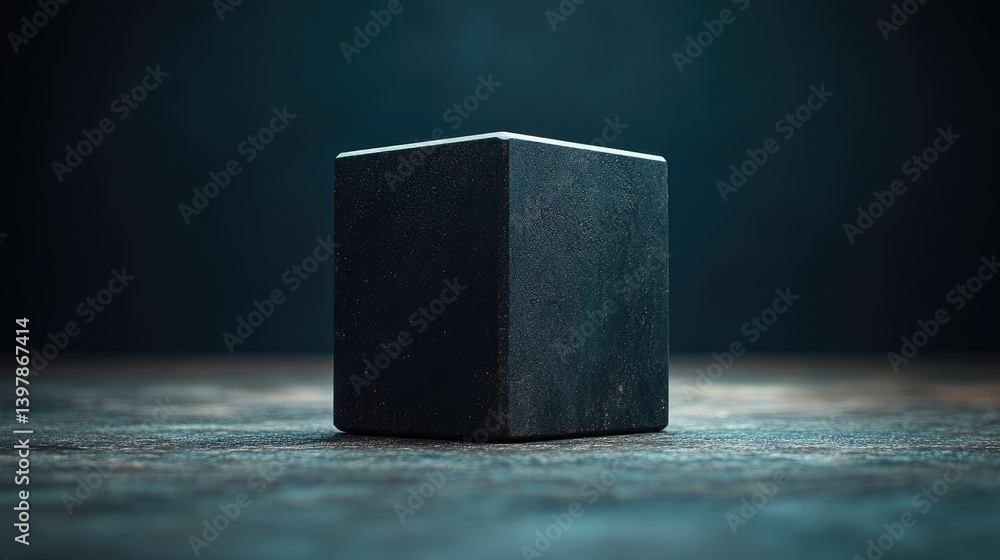Poster minimalistic. dark cube sitting on a textured surface with a dark backdrop, simple