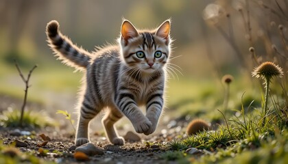 Fototapeta premium Striped Kitten Running Outdoors on a Sunny Day in Nature