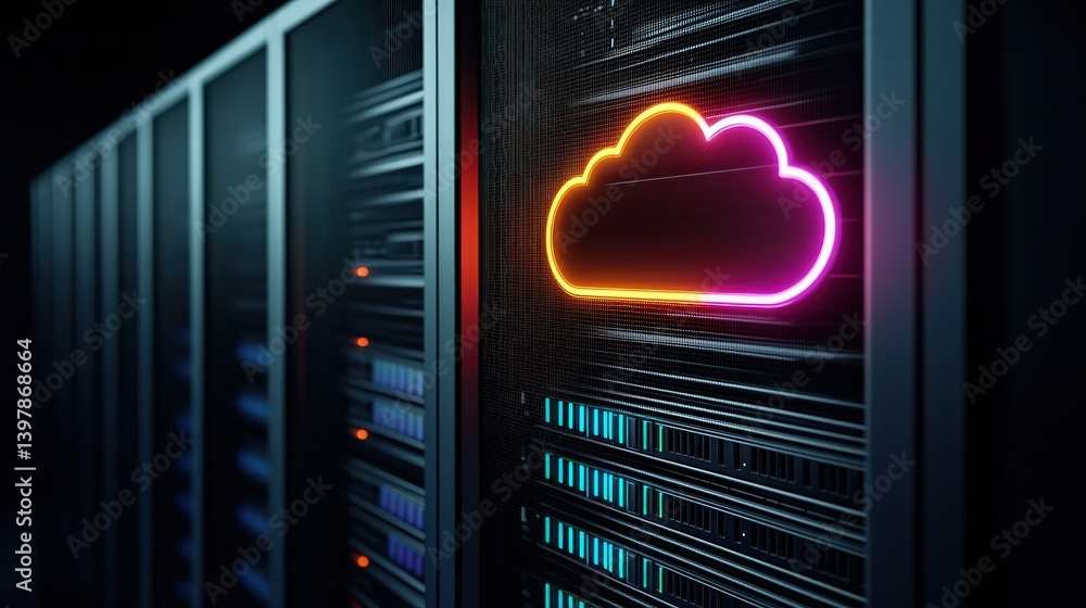Poster a modern server room featuring illuminated servers and a stylized cloud icon, representing cloud com