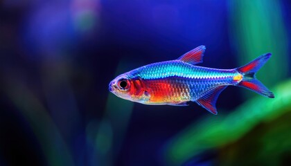 Fototapeta premium Neon Tetra: A vibrant, exquisitely detailed photo showcases the captivating beauty of a Neon Tetra, gliding through an aquatic realm.