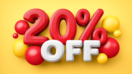 20% discount on a bright red and yellow background. Ideal visual element for discounts, promotions, sales and advertising offers. Attracts attention and emphasizes the favorable price.