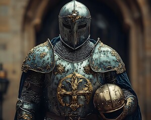 A noble knight in gleaming steel armor stands before a grand castle gate