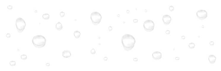 Realistic water drops PNG. Transparent dew and condensation on glass. Abstract bubbles, liquid splash on clear background. Digital water design. Stock image, royalty-free, high quality.