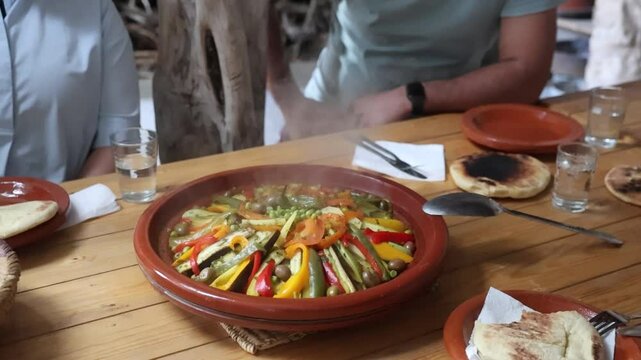 Typical Moroccan food, Vegetable Tagine, homecooked meal in Morocco.