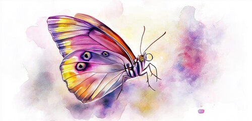 A soft-focus watercolor painting of a butterfly with vibrant wings in hues of purple, pink, and yellow, surrounded by a wash of soft color.